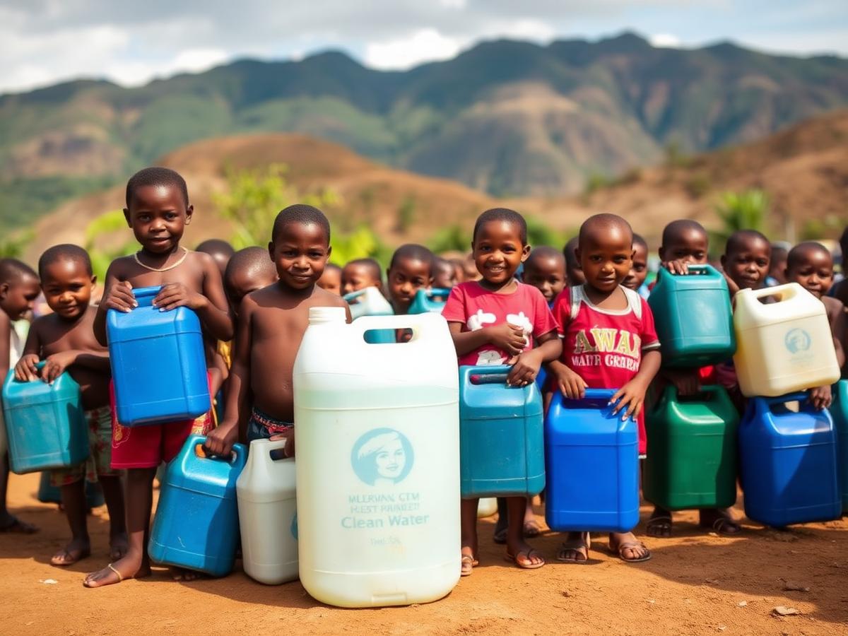 Children holding water containers at a clean-water distribution in rural Haiti
