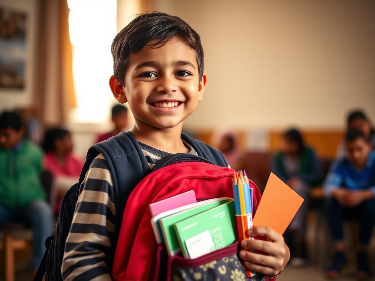 A smiling child holding a new backpack and school supplies