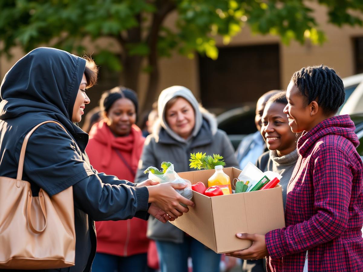 Volunteers handing groceries to a family at a community distribution
