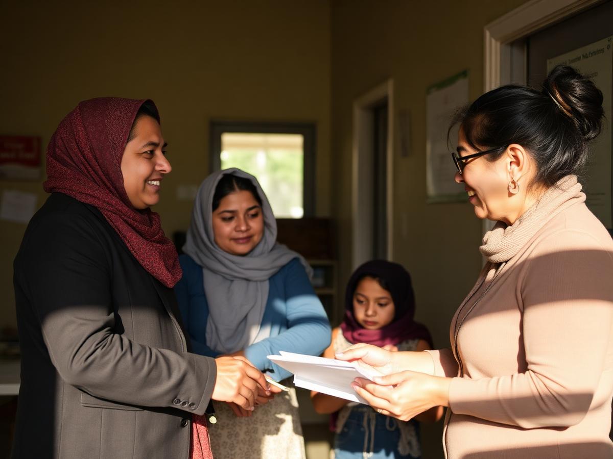 A newcomer family being welcomed at a community resource center