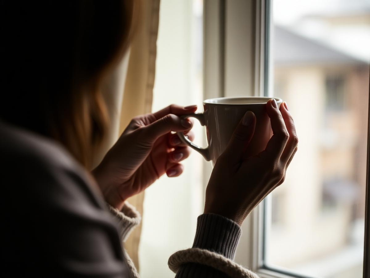 A person holding a warm mug in soft window light in a calm interior